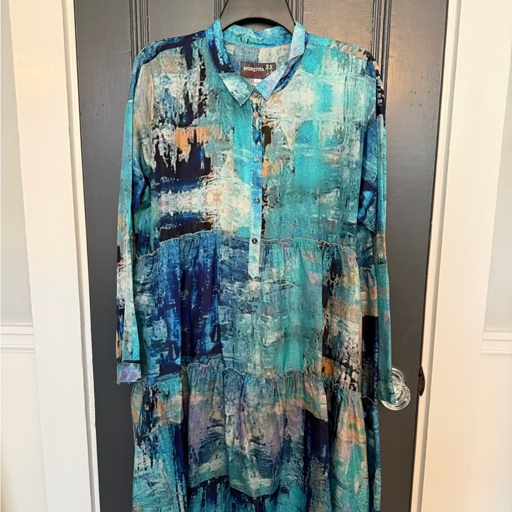 NWT Johnny Was Silk Abstract Turquoise & Navy Button-Front Tiered Dress, size L